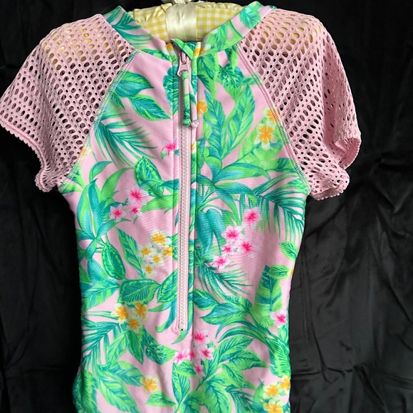 Art Class, Pink and green tropical pattern short sleeve swim suit, size 6 - Picture 2 of 4